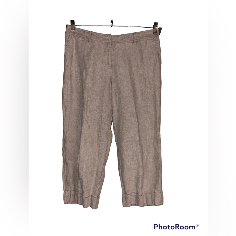 J. Jill Khaki 100% Linen Crop/Capri Pants with Fixed Cuff - Size 10P - Pockets